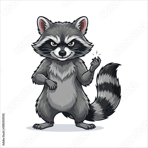 A mischievous and cunning cartoon raccoon illustration, standing upright with a playful grin and a snappy gesture, embodying a cheeky and whimsical character perfect for various creative projects