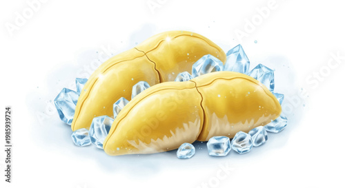 Digital illustration of two durian fruits arranged with ice cubes against a white background, rendered in a smooth, cartoon style with a cool color palette to emphasize freshness