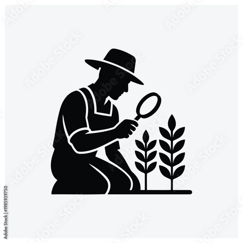 Gardener inspecting crops or plants with a magnifying glass