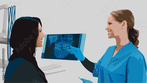 Female dentist explaining dental x ray to patient in clinic blue scrubs medical consultation
