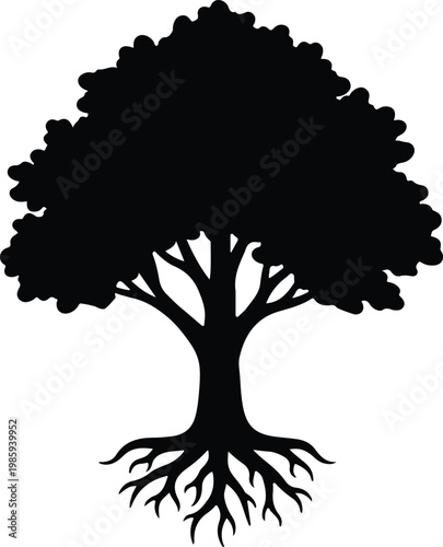 Silhouette mature tree with large roots simple black illustration vector design