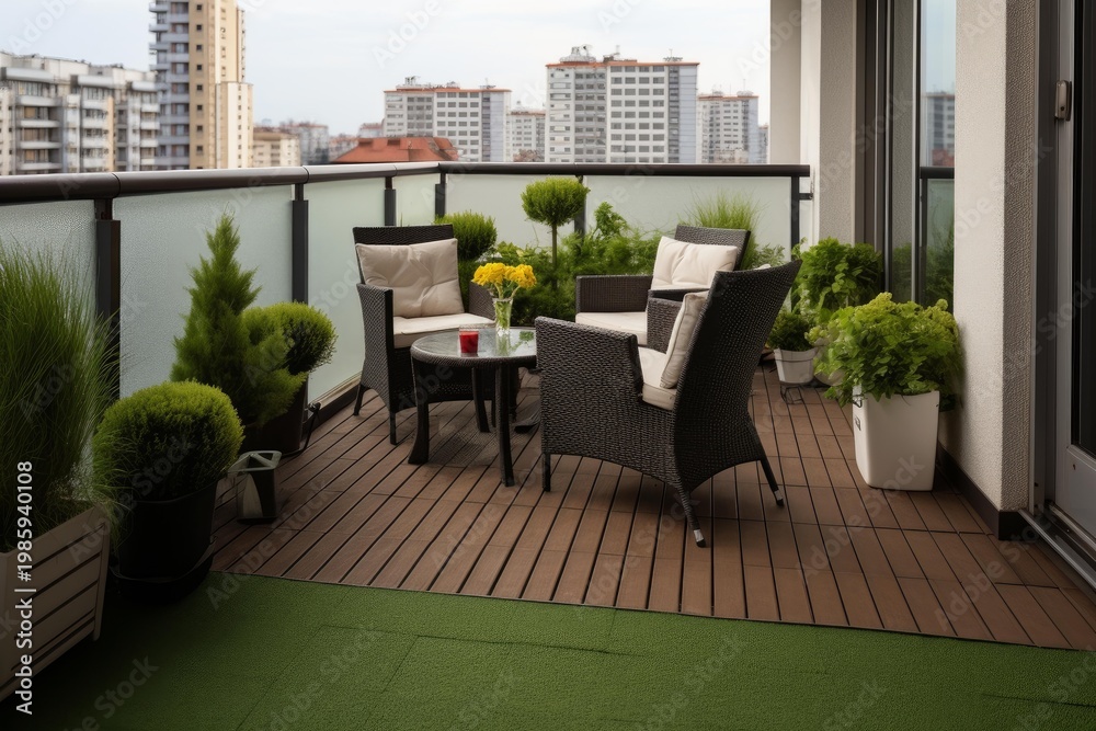 Obraz premium Urban residential balcony with outdoor furniture, potted plants, and city buildings in the background