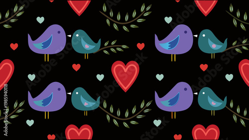Colorful abstract birds and hearts pattern on black background vector illustration for love and valentine's day concepts