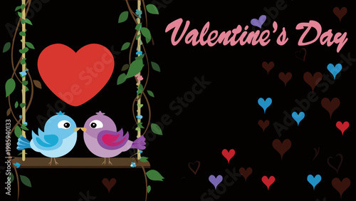 Valentine's day illustration of a loving bird couple sitting on a heart shaped swing surrounded by colorful hearts on black background