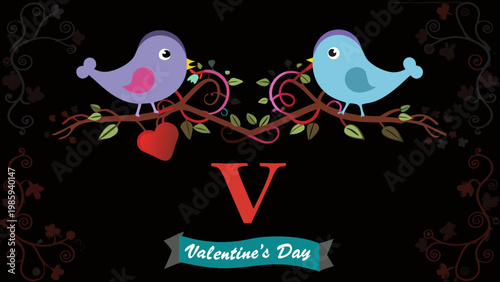 Two colorful birds on a branch with heart and valentine's day text on black background