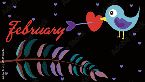 Colorful bird holding heart arrow february love illustration