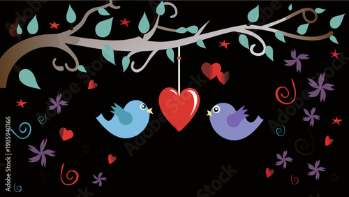 Vector illustration of two birds flying around a heart on a tree branch with flowers and leaves on black background