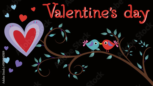 Two colorful birds perched on a heart shaped tree branch with valentine's day hearts