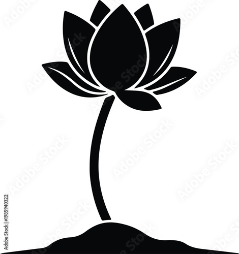 Silhouette of a blooming lotus flower growing from the ground vector design