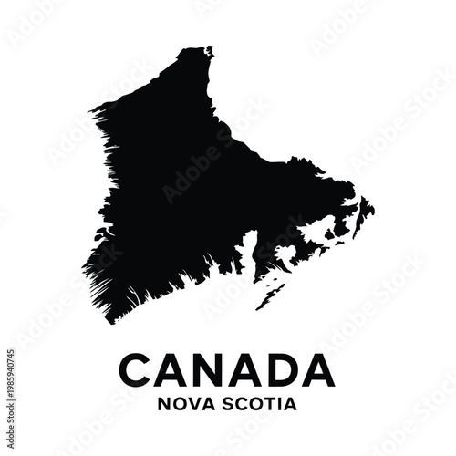 A stark black silhouette depicts the province of nova scotia canada with text labeling the region