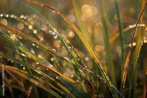 Close-up of grass blades adorned with dew drops, bathed in golden morning light