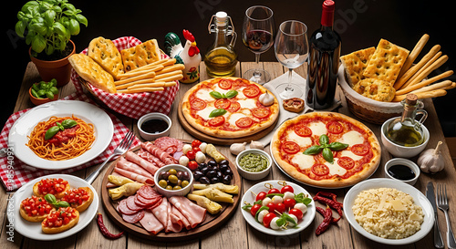 Abundant Italian Feast A Delicious Culinary Spread Featuring Fresh Pizzas, Savory Pasta, Appetizing Charcuterie, Bruschetta, Olives, and Fine Wine
