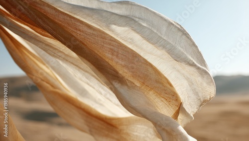 Sunlit, sheer fabric in warm tones, flowing gently in the wind above a desert