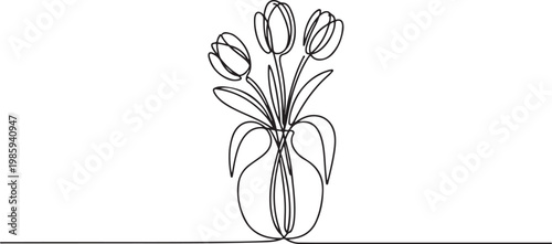 continuous single line drawing of tulips in flower vase, line art vector illustration. one line Icon drawing