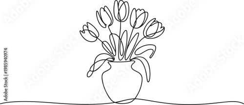 continuous single line drawing of tulips in flower vase, line art vector illustration. one line Icon drawing