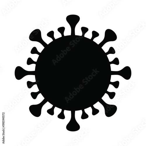 A stark black and white illustration depicts a coronavirus particle showcasing its distinctive spiked protein structure