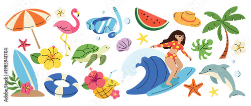Summer beach surfing vector set with surfer girl, dolphin, flamingo, turtle, surfboard, tropical flowers, palm tree and ocean elements. Hand drawn summer illustration for poster, banner and sticker.