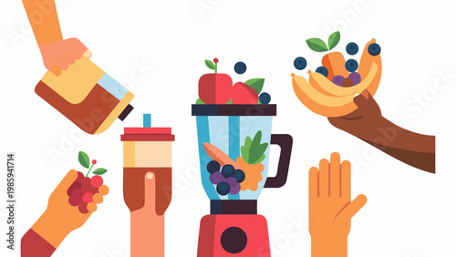 Modern flat vector illustration of hands preparing a healthy smoothie with fruits and pouring into a to go cup with blender and healthy eating