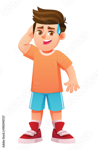 Confused boy character scratching head with sweat drop on face. Vector cartoon illustration