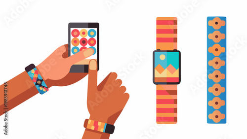 Dynamic flat illustration of hands using a smartwatch and smartphone with colorful bands and screens with technology and wearable and device
