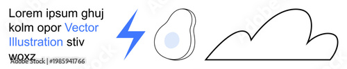 Technology, creativity, weather, energy, food, minimalism. Lightning bolt, fried egg and cloud icons in bold outlines and clean design. Technology and creativity visualization