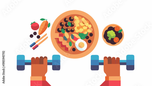 Vibrant flat vector illustration of hands lifting dumbbells with a balanced meal and healthy food on a plate with healthy eating and fitness motivation