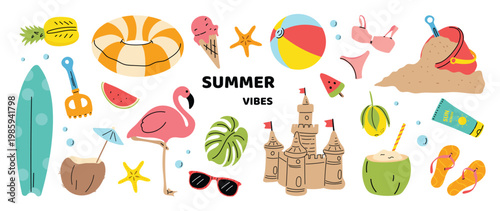Summer vibes beach element vector set with flamingo, surfboard, sand castle, swimsuit, float ring, coconut drink and tropical vacation icons. Hand drawn summer illustration for poster, sticker.