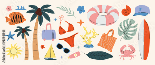 Summer beach element vector set with surfboard, bikini, palm trees, float ring, sunglasses, tote bag, crab and tropical vacation icons. Hand drawn summer illustration collection for poster, sticker.