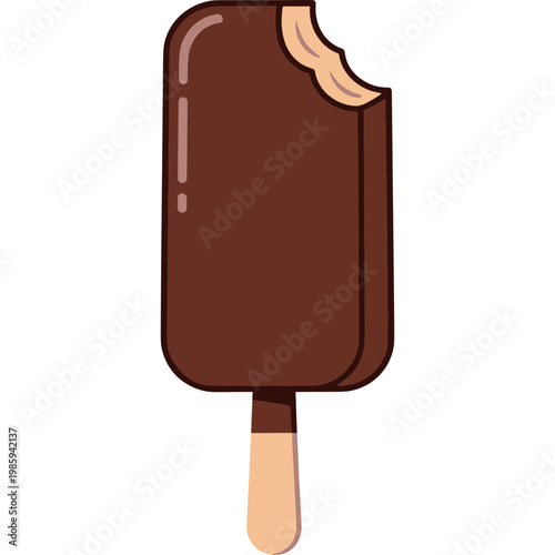 A chocolate-covered ice cream popsicle with a bite taken on a stick