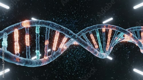 Floating in a captivating digital space, two entwined DNA strands shimmer with vibrant glow, showcasing intricate details.