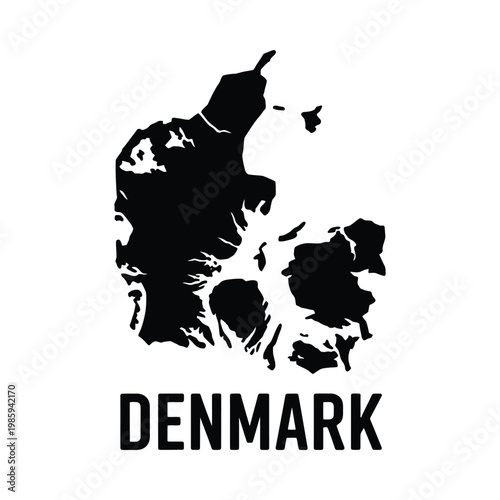 A stark black silhouette of denmark s landmass is presented above its name in bold text