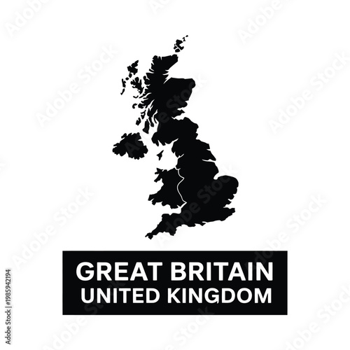 A stark black silhouette of great britain and its surrounding islands with text below