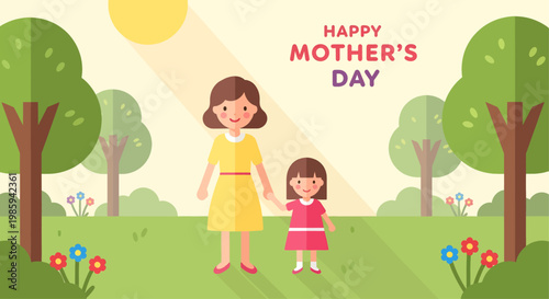 A heartwarming flat design illustration depicting a mother and her daughter celebrating Mother's Day together in a vibrant, sunny park, emphasizing their loving bond and joyful connection