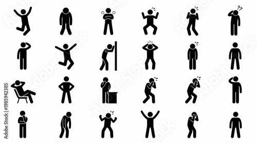 A set of silhouette icons depicting people in various poses and emotions.