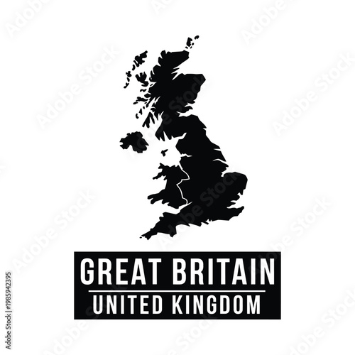A stark black silhouette of great britain and northern ireland with accompanying text high quality