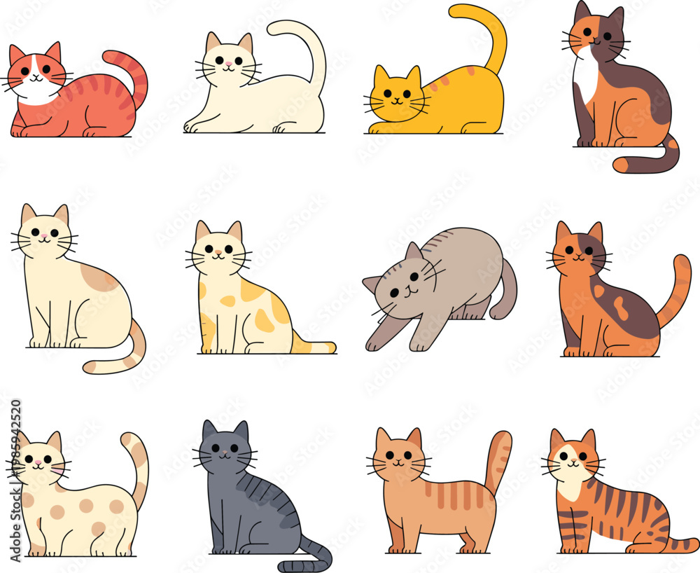 Fototapeta premium Cartoon vector illustration set of twelve diverse cats in playful poses, featuring colorful fur patterns, stripes, spots, and unique feline character designs