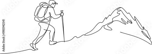 continuous single line drawing of man with trekking pole and backpack hiking up mountain. one line Icon drawing