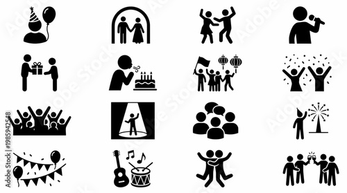 A set of silhouette icons depicting people celebrating a party event with music.