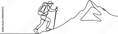 continuous single line drawing of man with trekking pole and backpack hiking up mountain. one line Icon drawing