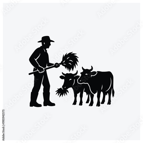Farmer feeding cows and chickens silhouette illustration.