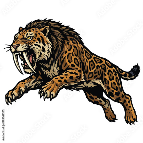 Dynamic illustration of a powerful extinct big cat, featuring formidable fangs and an intense growl, captured mid-jump showcasing its primal strength and fierce predatory nature