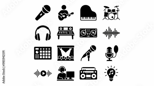A set of icon silhouettes depicting various music and audio equipment.