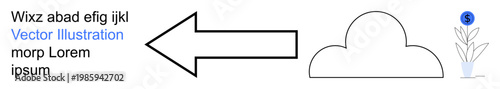 Data storage, technology, funding, digital growth, sustainability, cloud computing. Large arrow pointing to cloud, small plant with monetary symbol. Data storage and technology concept