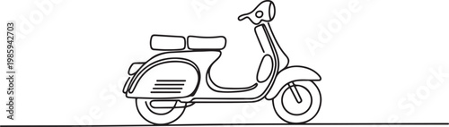 single line drawing of classic motor scooter isolated on white background, line art vector illustration. one line Icon drawing