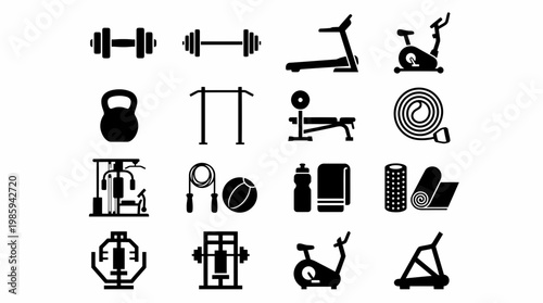 A set of silhouette icons depicting various gym equipment and tools for fitness.