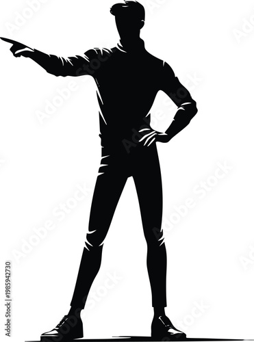 Silhouette of a man pointing isolated on white representing direction and leadership in a minimalist vector style