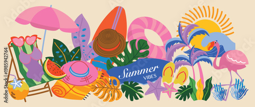 Summer vibes tropical beach vector background with flamingo, palm leaves, umbrella, surfboard, sun, watermelon, starfish and vacation accessories. Hand drawn summer design for poster and banner.