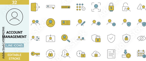 Account management colored line icons set, user profile, security, login, password, privacy and access control symbols, editable stroke vector, modern UI UX design.