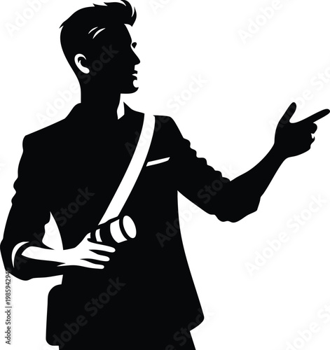 Silhouette of a photographer with a camera bag pointing to the side isolated on white background vector illustration