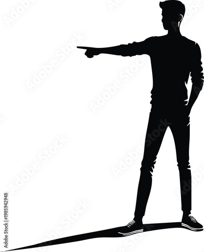 Silhouette of a man pointing forward representing direction and choice isolated on a white background with a long shadow